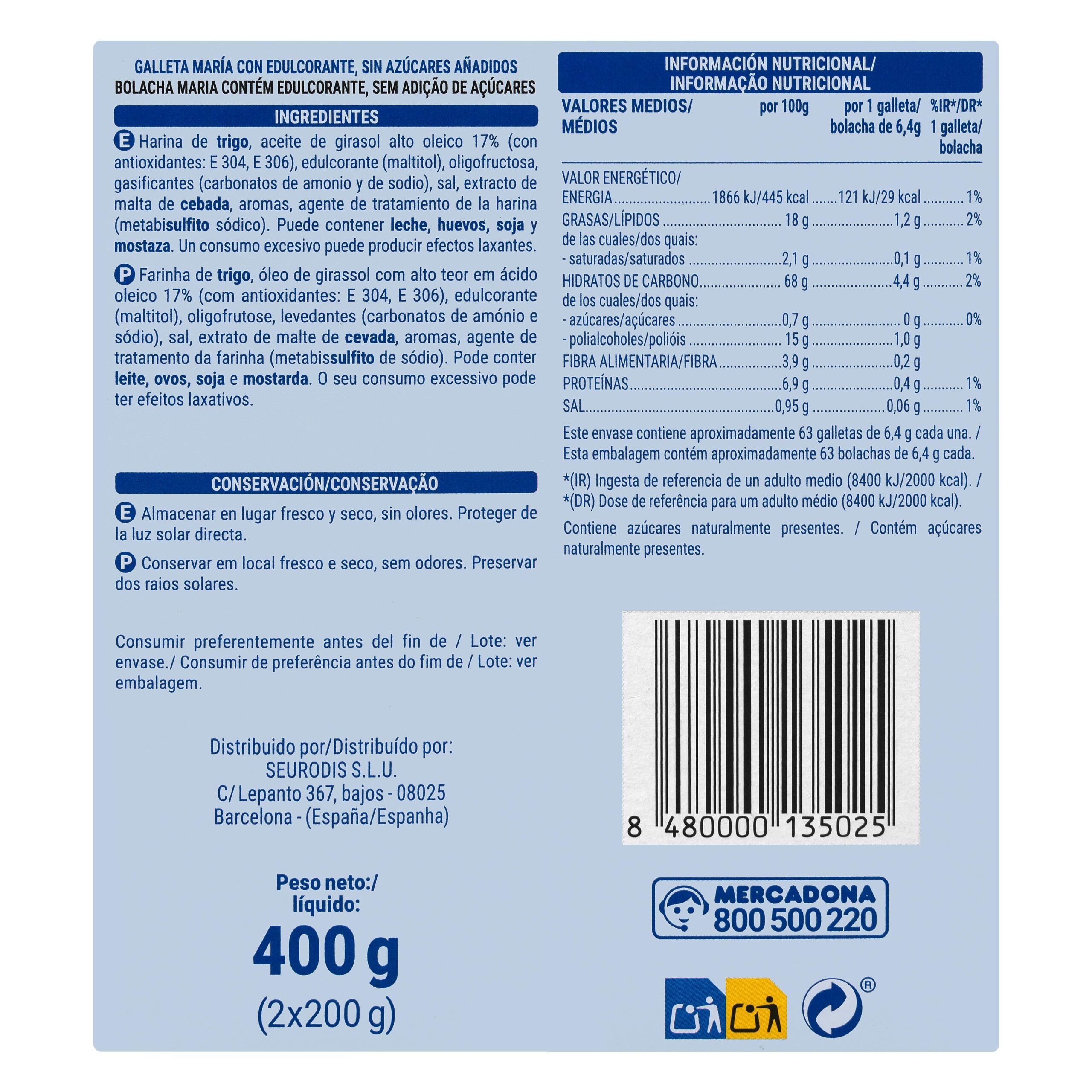 Etiqueta Galletas María dorada Hacendado 0% azúcares añadidos